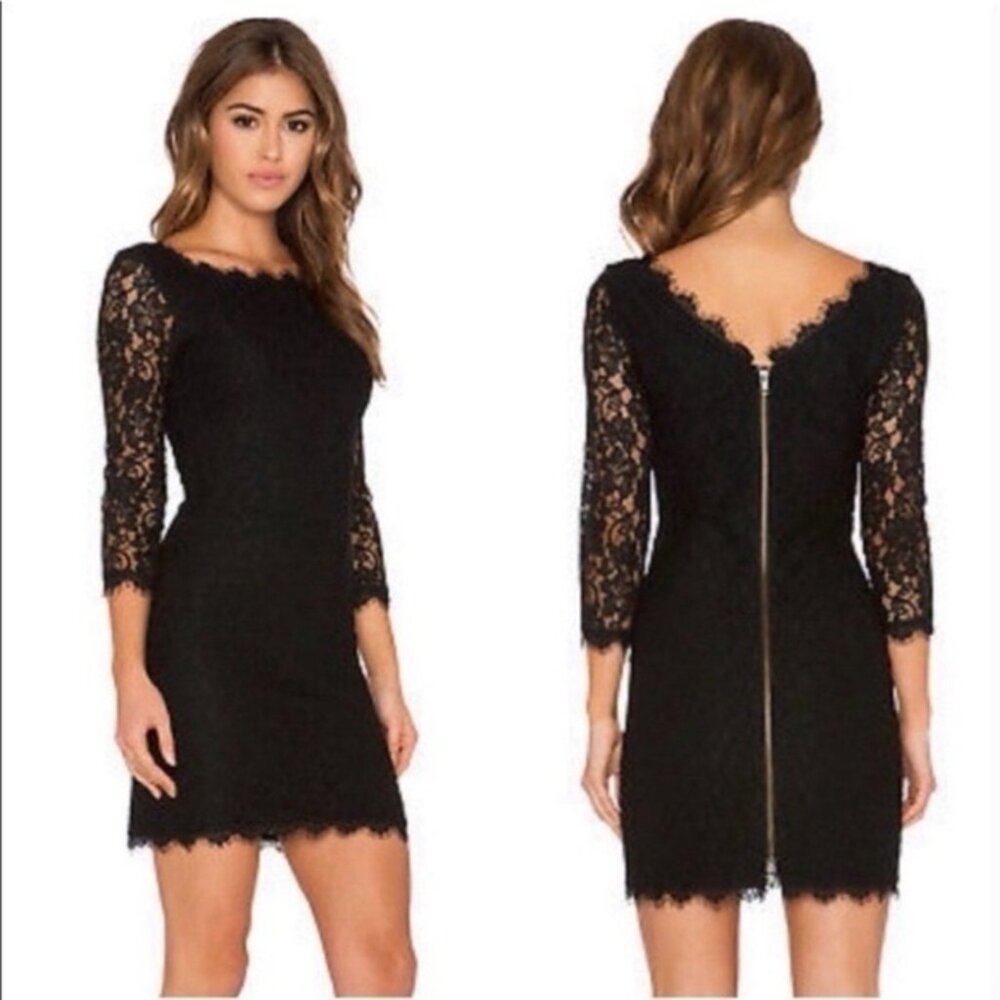 Diane Von Furstenberg DVF Black Lace Zarita cocktail Dress boat neck sz 6